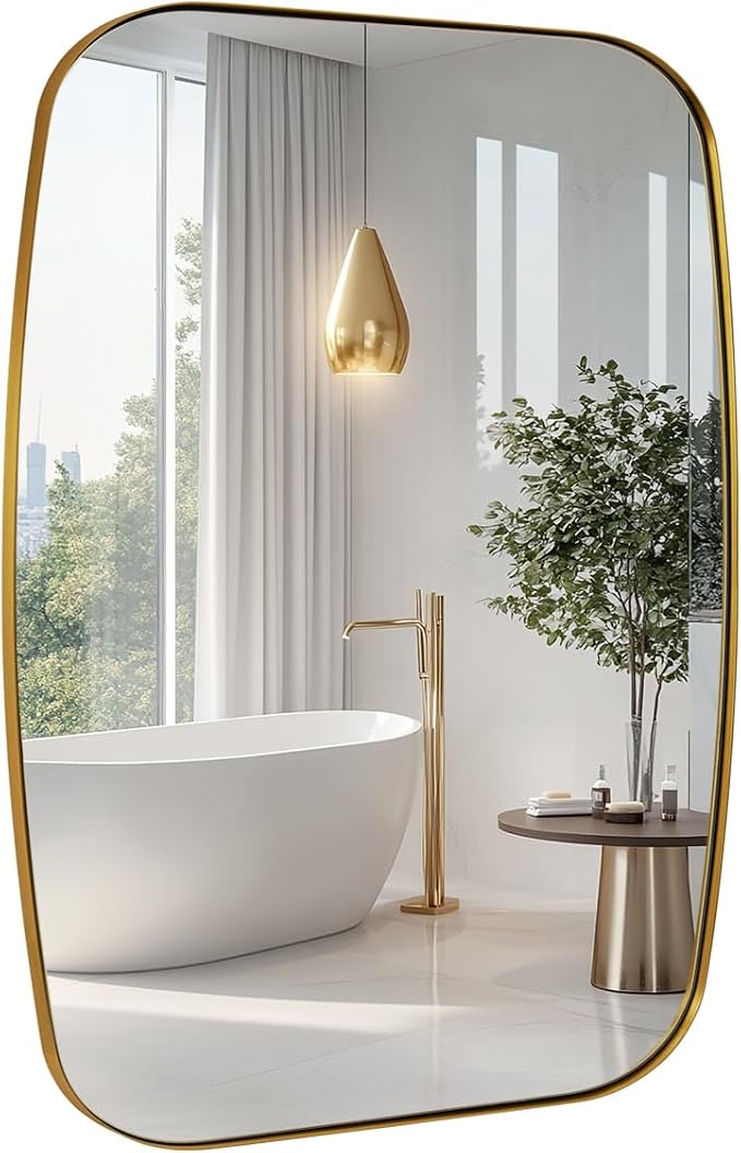 30x36” Gold Bathroom Mirror, Oblong Brass Mirror with Stainless Steel Metal Frame, Brushed Gold Oval Vanity Mirror for Over Sink, Modern Anti Rust Wall Mounted