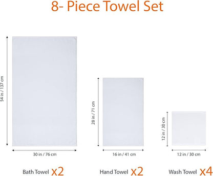 Amazon Basics 100% Cotton Soft Quick-Dry 8-Piece Towel Set, Bath Towels, Hand Towels, Washcloths, White, Compact & Lightweight