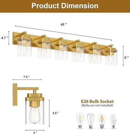 Brushed Gold Bathroom Light Fixtures, 6 Lights Bathroom Lighting Fixtures Over Mirror, Square Design & Rectangle Large Backplate, Modern Vanity Lighting Fixtures, for Living Room/Bedroom