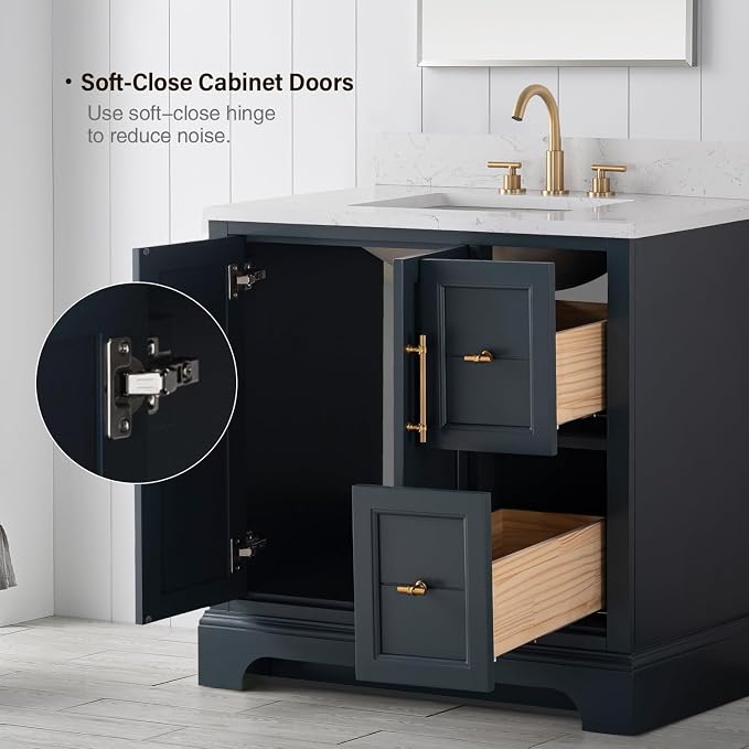 Vanity Art 36 Inch Bathroom Vanity with Single Sink, Vintage Spruce Blue | Solid Wood, Ceramic Sink, Marble Top, Waterproof Backsplash, Pre-assembled, Soft-close Doors, Ample Storage, Freestanding