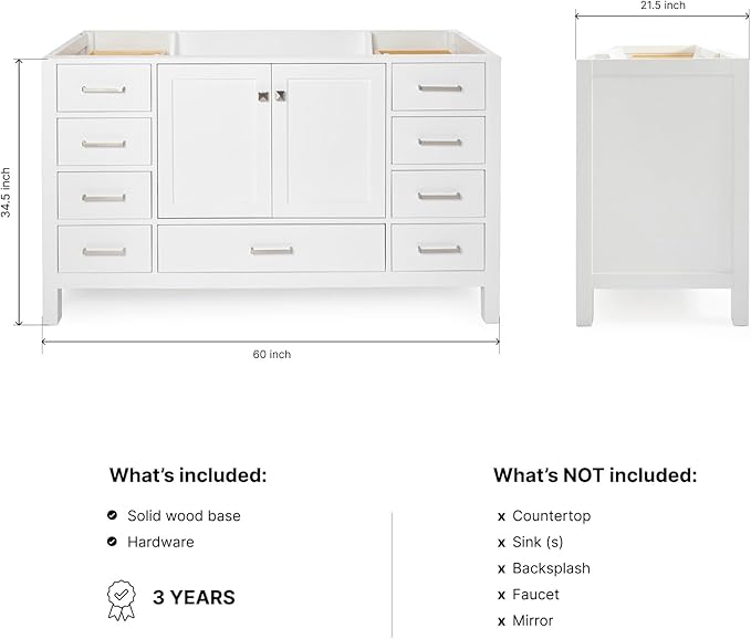 ARIEL Cambridge 60-inch Bathroom Vanity Base Cabinet,Solid Wood, 2 Soft Closing Doors, 9 Dovetail Drawers, White