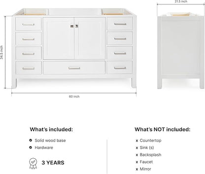ARIEL Cambridge 60-inch Bathroom Vanity Base Cabinet,Solid Wood, 2 Soft Closing Doors, 9 Dovetail Drawers, White