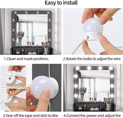 LED Vanity Lights for Mirror, Hollywood Style, 8 Lights | 10 Dimmable Bulbs, Adjustable Color & Brightness, USB Cable, Stick on for Makeup Table Dressing Room