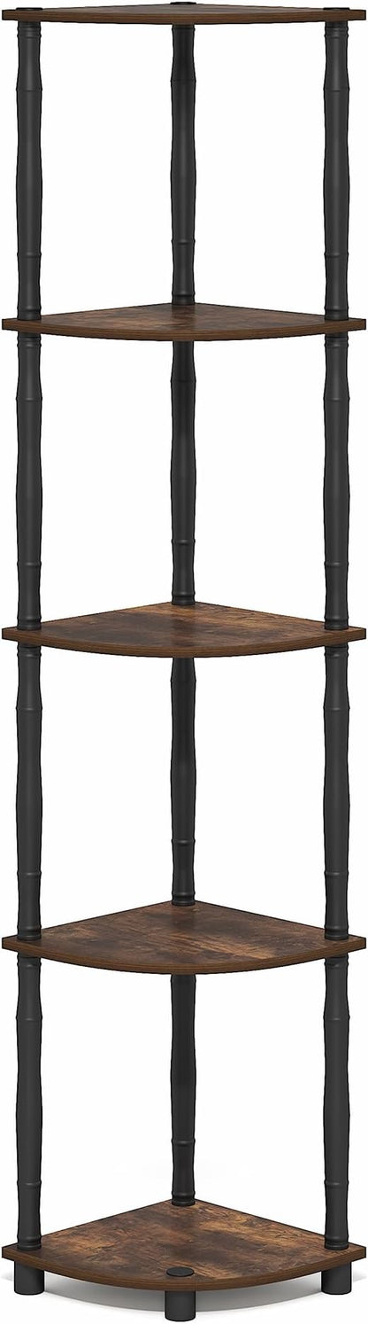 Furinno Turn-N-Tube Storage Shelves, 5-Tier Corner Book Shelf, Standing Corner Shelf, Toolless Open Shelves, Classic Tubes, for Organization and Storage, Living Room, Home Office, Amber Pine
