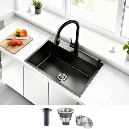 Black Topmount Kitchen Sink - 20”×16” Single Bowl Sink | 9 Inch Deep Handmade Bar Sink with Strainer, Stainless Steel 304, Center Drain, X-Groove Drainage, Sound-Dampening Pad