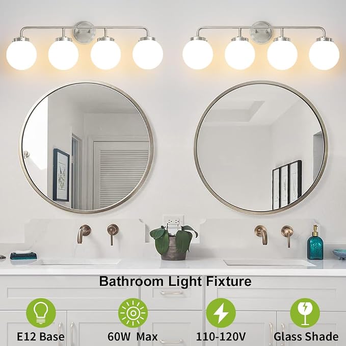 Bathroom Light Fixture 30.7in 4Light Brushed Nickel Vanity Light for Mirror | Dimmable Bathroom Lighting Fixtures over Mirror, ETL, E12 Base Max 60W, Modern Wall Sconce, Milky White Glass Ball Shades