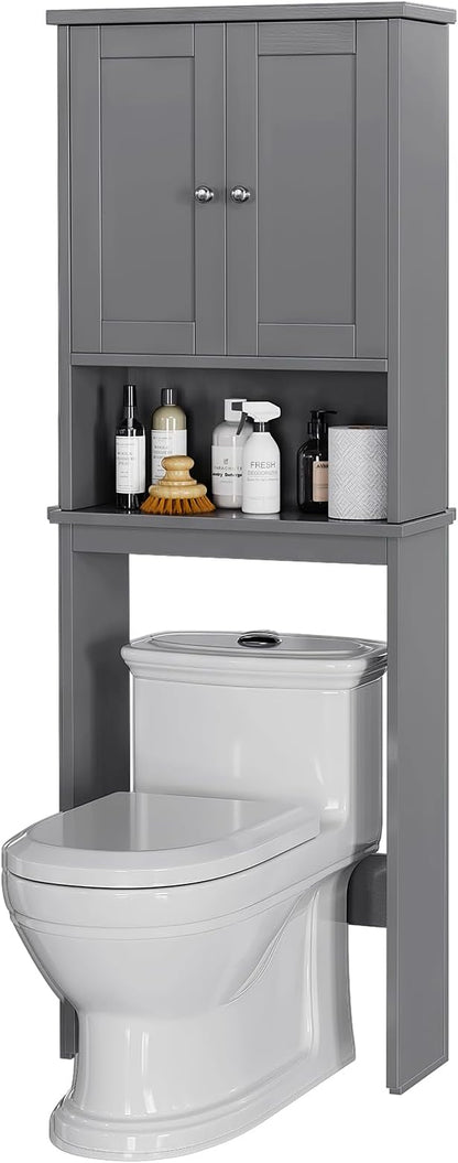 Over the Toilet Storage Cabinet, Bathroom Storage Cabinet Over Toilet with 2 Wood Doors, Freestanding Space Saver, Adjustable Shelf & Open Shelf, Grey