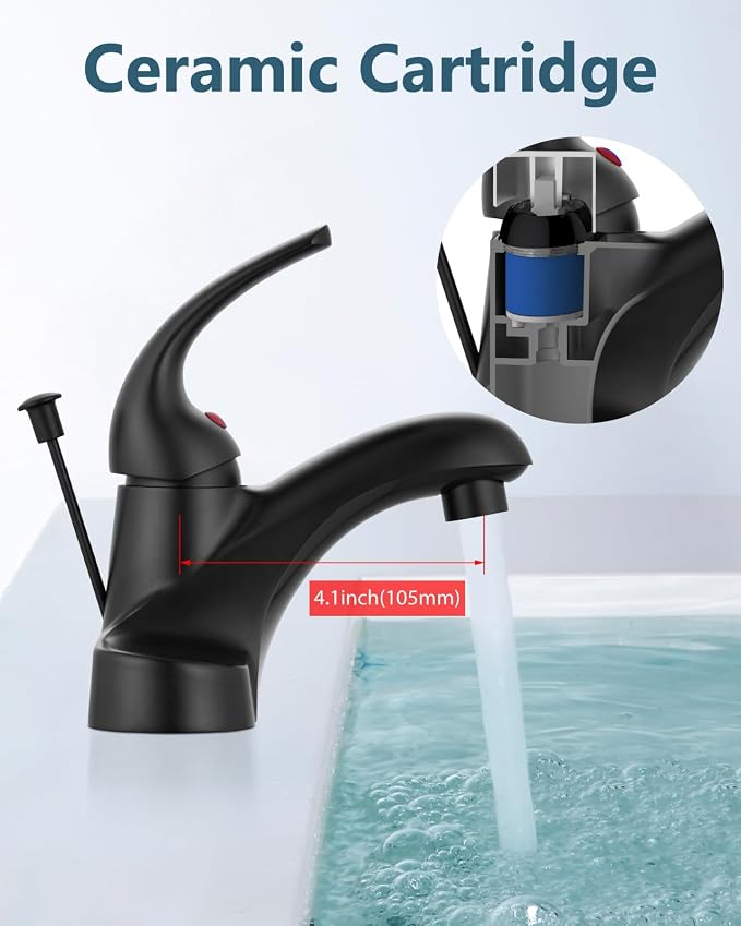 4-Inch Centerset Bathroom Sink Faucet with Drain, Matte Black | Single-Handle Vanity Faucet with Lift Rod Drain, 24-Inch Supply Lines, 1.2 GPM, 3-Hole Deck Mount, Easy Installation