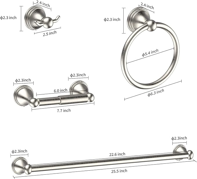 8Pcs Brushed Nickel Bathroom Accessories Set Towel Racks for Bathroom | Bathroom Hardware Set,2 * 24 Inch Towel Bar for Bathroom 2*Toilet Paper Holder 2* Towel Ring Towel Holders 2* Hook