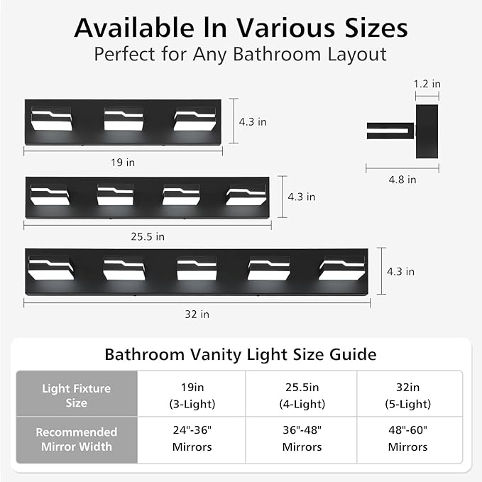 LED Modern Bathroom Vanity Light Fixtures 3-Light, 19 inch Dimmable Matte Black Vanity Lights for Bathroom Lighting Fixtures Over Mirror, with 350°Rotatable Acrylic Heads(White Light 5500K)