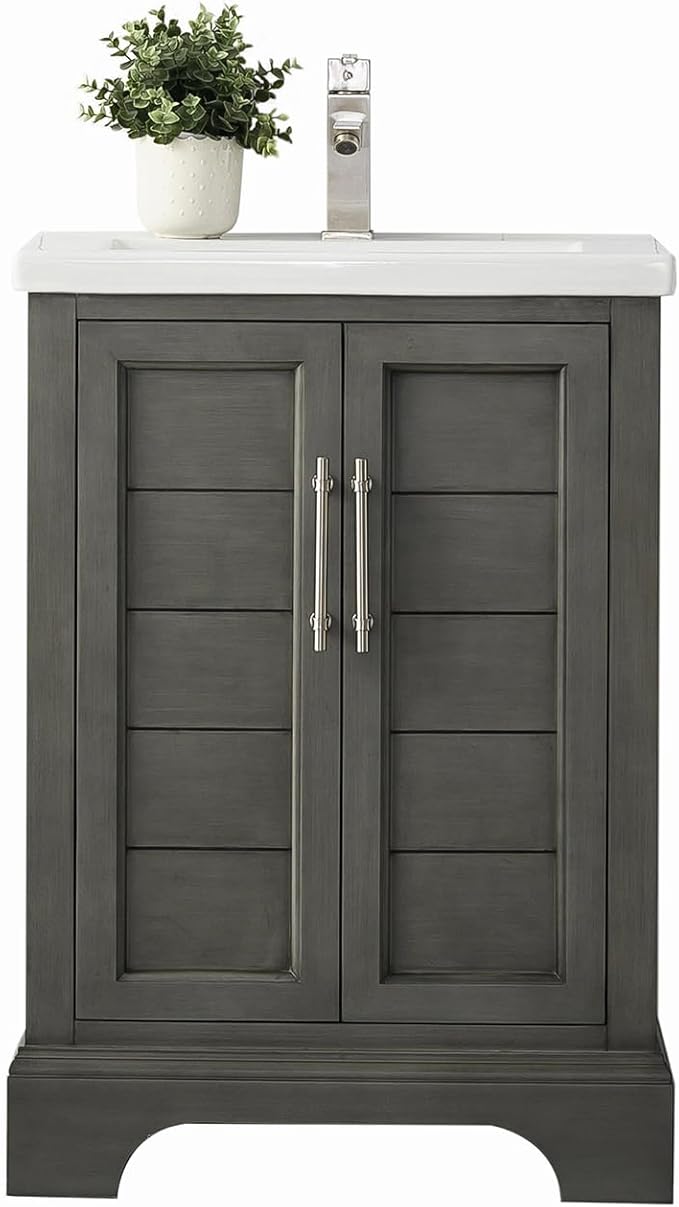 HOMEBEYOND 24 Inch Bathroom Vanity with Single Sink & Ceramic Top, Vanity Cabinet with Center Countertop Basin, Soft-Closing Doors,Sliver Grey
