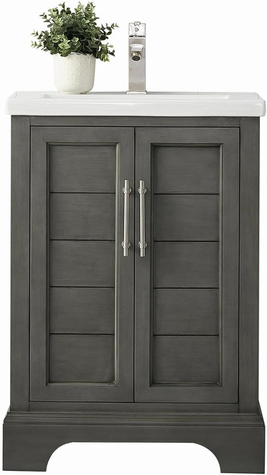HOMEBEYOND 24 Inch Bathroom Vanity with Single Sink & Ceramic Top, Vanity Cabinet with Center Countertop Basin, Soft-Closing Doors,Sliver Grey