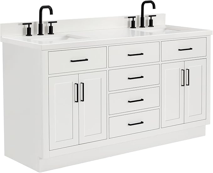 ARIEL Hepburn 66-inch Bathroom Vanity with Sink,Solid Wood, 1.5-inch Pure White Quartz Countertop & Backsplash, Double Rectangular Porcelain Sink, 4 Soft Closing Doors, 6 Dovetail Drawers, White