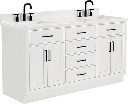 ARIEL Hepburn 66-inch Bathroom Vanity with Sink,Solid Wood, 1.5-inch Pure White Quartz Countertop & Backsplash, Double Rectangular Porcelain Sink, 4 Soft Closing Doors, 6 Dovetail Drawers, White