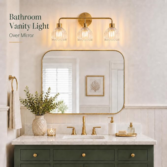 3-Light Gold Brass Bathroom Light Fixture with Clear Tulip Glass Shade,Wall Sconces,Vintage Vanlity Light Over Mirror,Bathroom Wall Light,E26 Socket(Bulbs Not Included)