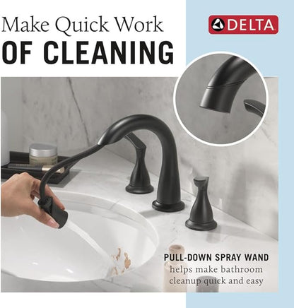 Delta Broadmoor Matte Black Bathroom Faucet with Sprayer, 8 Inch 3 Hole Widespread Bathroom Sink Faucet with Pull Out Sprayer, Push-Pop Drain, Matte Black 35765LF-BLPD