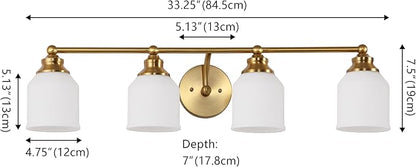JONATHAN Y 33.25" Brass Gold/White Modern Farmhouse LED Vanity Light Wall Sconce Fixture, Frosted White Glass Shade, Dimmable Wall Lamp for Bathroom Mirror Kitchen Sink, UL Listed (JYL7552B)