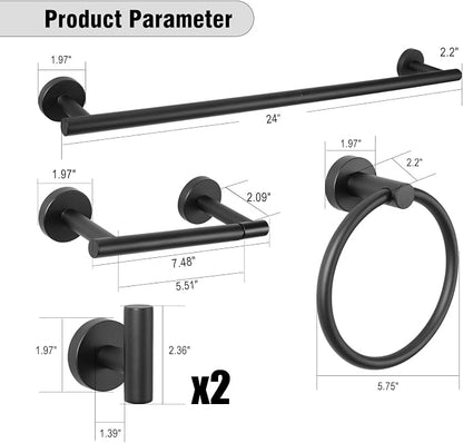 5 Piece Modern Style Wall Mounted Bathroom Hardware Set | #304 Stainless Steel, 24" Towel Bar Mount, Towel Rings, 2 Pillar Toilet Paper Holder, Bathrobe Hook (Matt Black)