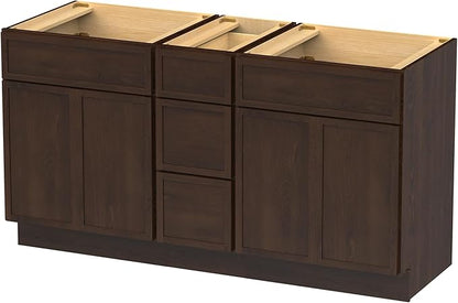 HomeBeyond 60 Inches Bathroom Vanity Base Cabinet Without Sink, Double Sink Top Sturdy Floor Mounted Cabinet with Door & Soft Closing Drawers,Brown, VA4124-2+VA4112-3