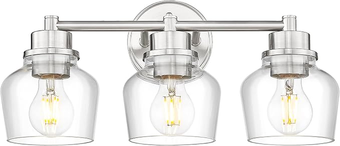 Emak Bathroom Light Fixtures Over Mirror, Brushed Nickel Vanity Light with Clear Glass Shade, 3-Light Vanity Lights for Bathroom, Mirror, Makeup Desk, VL122-BN-CG-3