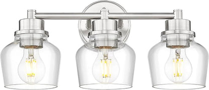 Emak Bathroom Light Fixtures Over Mirror, Brushed Nickel Vanity Light with Clear Glass Shade, 3-Light Vanity Lights for Bathroom, Mirror, Makeup Desk, VL122-BN-CG-3