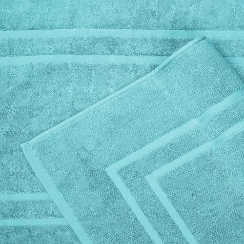Feather & Stitch 2 Piece Towel Like Bath Mats (30x21 Inch) 100% Cotton Terry Bath Mats, Bathroom Shower Floor Mats [NOT A Bathroom Rug], Soft Absorbent Washable Mats - Aqua