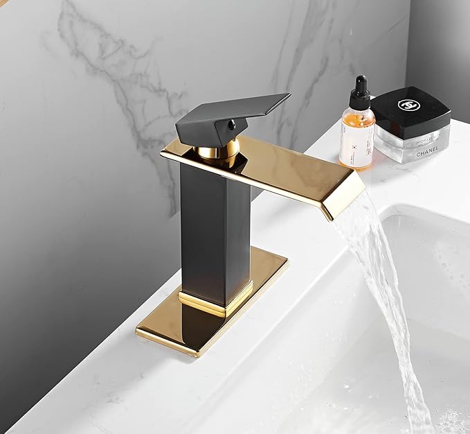 Black Gold Bathroom Faucets Waterfall Spout Basin Sink Faucet with Overflow Drain Assembly Single Handle Bathroom Vanity Sink Faucet with Deck Plate 1-3 Holes Vanity Lavatory Deck Mounted Farmhouse