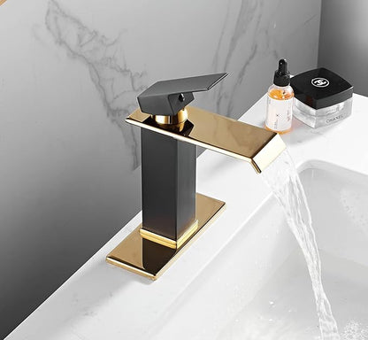 Black Gold Bathroom Faucets Waterfall Spout Basin Sink Faucet with Overflow Drain Assembly Single Handle Bathroom Vanity Sink Faucet with Deck Plate 1-3 Holes Vanity Lavatory Deck Mounted Farmhouse