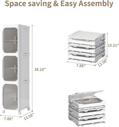 3 Tier Slim Bathroom Storage Cabinet, Foldable and Movable, White | Tools Free, ABS and PET, Magnetic Clear Door, Adjustable Shelves, Lockable Wheels, Water Resistant, For Narrow Space