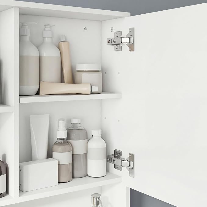 Panana Bathroom Medicine Cabinet with Mirror, Wall Mounted Single Mirror Door Storage Cabinet with 3 Open Compartments, Adjustable Height Shelf, 21.9x5.1x23.6 inch (White)