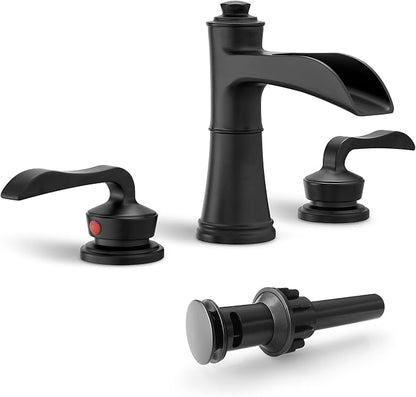 Brass Waterfall Bathroom Faucet, 4-16 Inch Black Bathroom Sink Faucet 3 Hole Bathroom Widespread Faucet, 2 Handles Bathroom Faucets Vanity Faucet with Pop Up Drain, Supply Water Hose