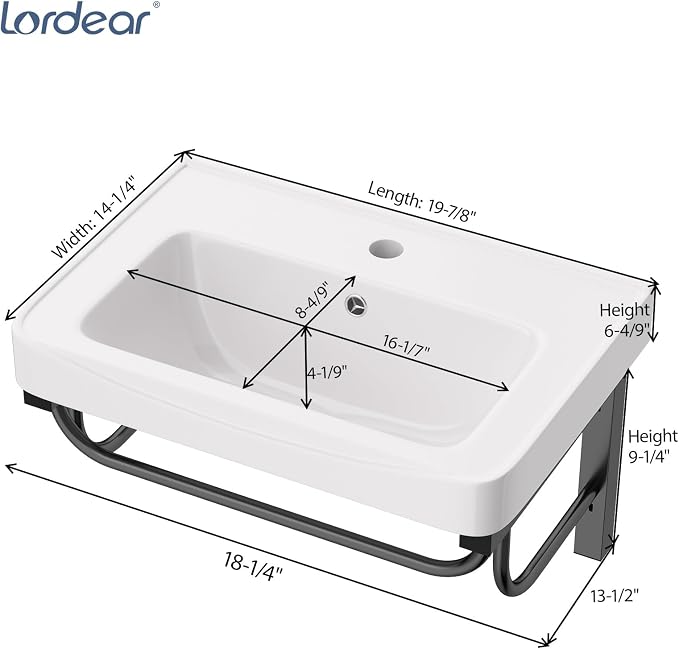 Lordear Wall Mounted Bathroom Sink with Towel Rack 20 x 14 Inch Modern Black Wall Hung Sink for ADA Bathrooms, Rectangular One Hole Porcelain Vanity Sinks