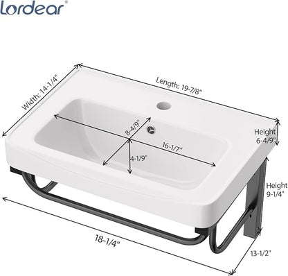 Lordear Wall Mounted Bathroom Sink with Towel Rack 20 x 14 Inch Modern Black Wall Hung Sink for ADA Bathrooms, Rectangular One Hole Porcelain Vanity Sinks