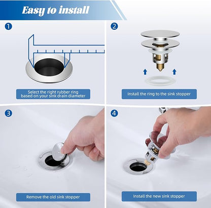 Hibbent All Metal 2 in 1 Bathroom Sink Stopper, Universal Pop Up Drain Strainer, Brass Bullet Core Push Type Sink Stopper for 1.1''~2.3'' Basin, Big Push Button, Anti Clogging Drain Filter, Chrome