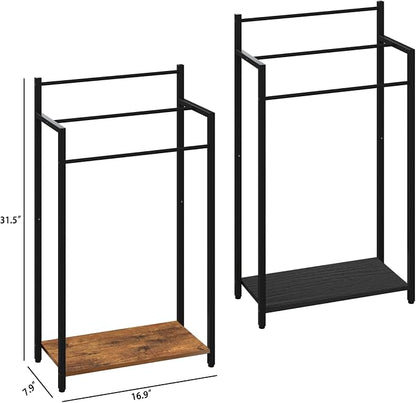 16.9" W Freestanding Towel Rack with Rustic Brown Wood Shelf | 3 Tier Blanket Ladder Stand for Bathroom Living Room, Metal Frame,31.5"H x 16.9"W x7.9"D