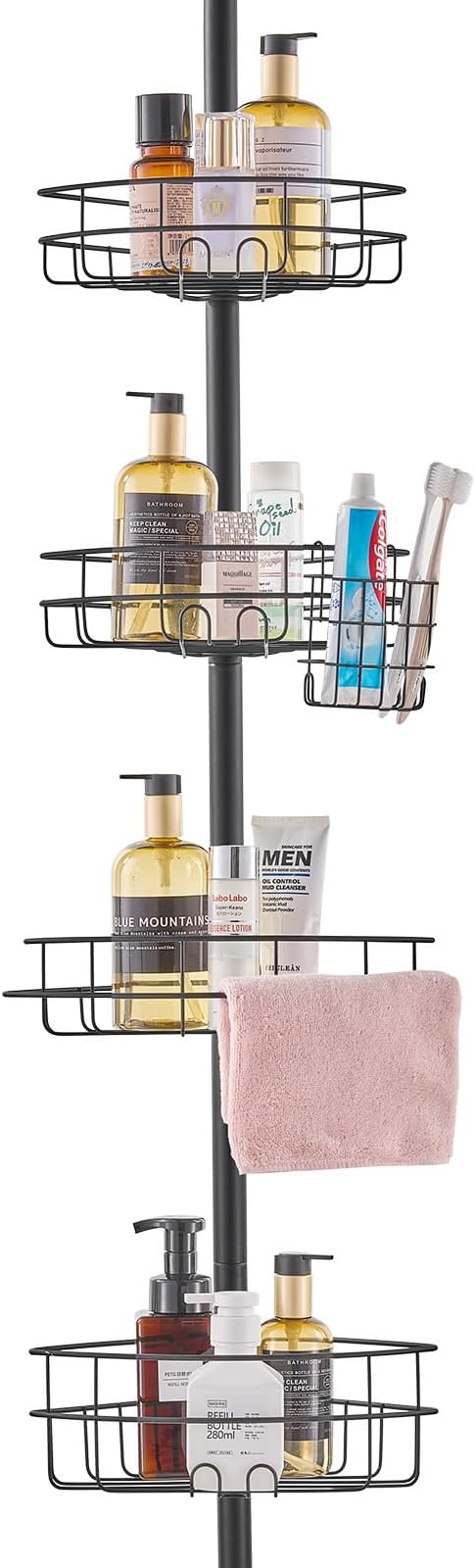 VEVOR Corner Shower Caddy Tension Pole, 4 Tier Adjustable Rustproof Organizer Shelves for Bathroom & Washroom, 42-114inch High, Black