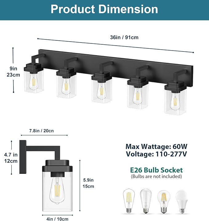 Matte Black Bathroom Light Fixtures, Modern Vanity Lights with Clear Glass Lamp Shade, Bathroom Lighting Fixtures Over Mirror, Restroom Vanity Lighting Fixture, 5-Light 36 Inch