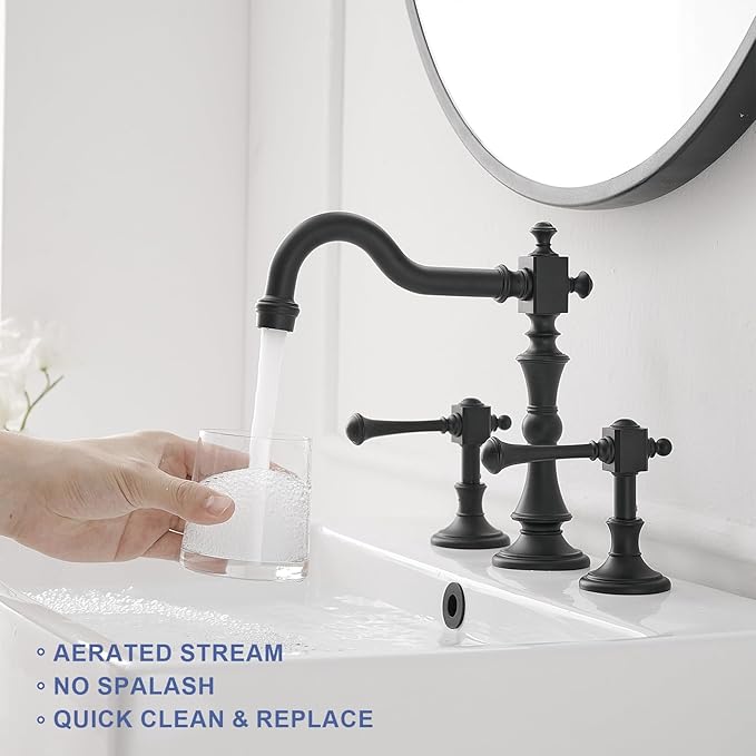 BWE Black Widespread Faucet for Bathroom Sink 3 Hole 8 Inch Widespread Bathroom Faucet with Pop-up Drain Assembly 2-Handle Vanity Faucet with Supply Lines Solid Brass Matte