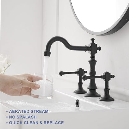 BWE Black Widespread Faucet for Bathroom Sink 3 Hole 8 Inch Widespread Bathroom Faucet with Pop-up Drain Assembly 2-Handle Vanity Faucet with Supply Lines Solid Brass Matte