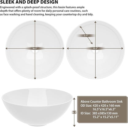 16''x16'' Vessel Sink - Round White Ceramic Porcelain Above Counter Bowl for Bathroom Vanity, Small Art Basin