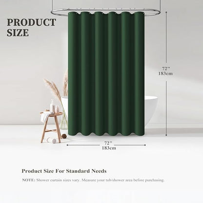 Emerald Green Linen Textured Waterproof Fabric Shower Curtain, 72x72 | 230GSM Polyester, Heavy Duty Cloth, Weighted Hem, 12 Plastic Hooks, Modern Hotel Style, Machine Washable, Bathroom Decor