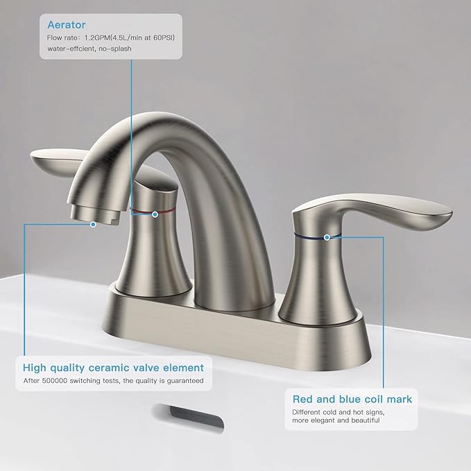Stainless steel faucet with detailed features highlighted on a gray background