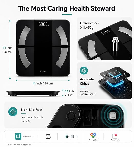 INW Smart Body Fat Scale, Digital Bathroom Scale with BMI, Body Composition, Bluetooth, Multi-User, 3 AAA Batteries Included (Black)