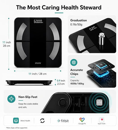 INW Smart Body Fat Scale, Digital Bathroom Scale with BMI, Body Composition, Bluetooth, Multi-User, 3 AAA Batteries Included (Black)