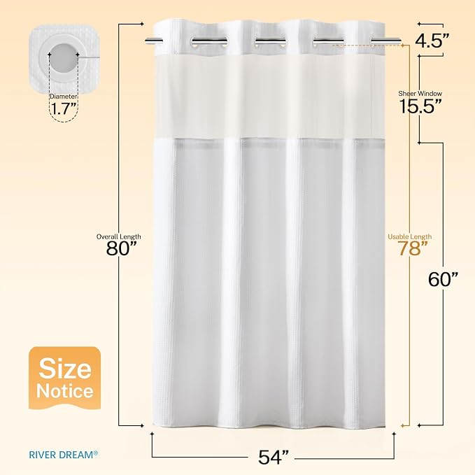 RiverDream Heavyweight Waffle No Hook Shower Curtain with Liner,White,54x80 | Dotted Waffle,Snap-in Liner,Heavy Duty,Quick Dry,Mesh Top Window,With Bottom Magnets,Hotel-Grade,Washable,Stall Long Size