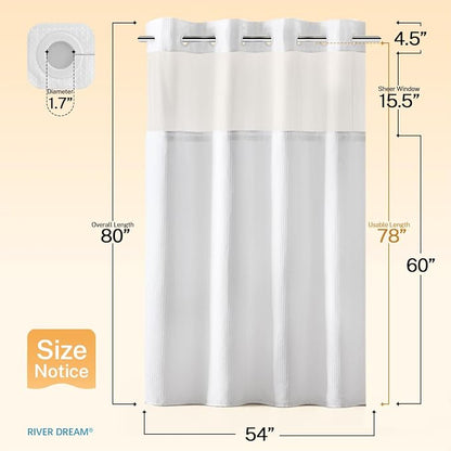 RiverDream Heavyweight Waffle No Hook Shower Curtain with Liner,White,54x80 | Dotted Waffle,Snap-in Liner,Heavy Duty,Quick Dry,Mesh Top Window,With Bottom Magnets,Hotel-Grade,Washable,Stall Long Size