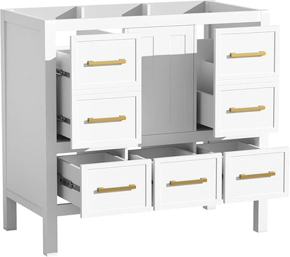 Merax 36 Inch White Bathroom Vanity Without Sink Top,Freestanding Bathroom Vanity Base Cabinet Only,with 5 Drawers,Soft Closing Door & Gold Handles,Solid Wood Frame(Basin Not Included),1 Package