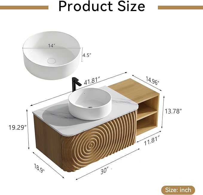 42" Floating Bathroom Vanity with Sink, Mid-Century Wall Mounted Bathroom Vanity Cabinet with Wood Waved Decor,Ceramic Vessel Basin and Sintered Stone Top, Soft Close Drawer, Side Open Cube