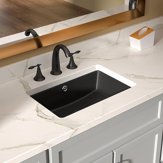 Lordear 18x12 Inch Black Undermount Bathroom Sinks Vanity Rectangle Porcelain Ceramic Sinks Under Counter Lavatory Sink Basin with Overflow