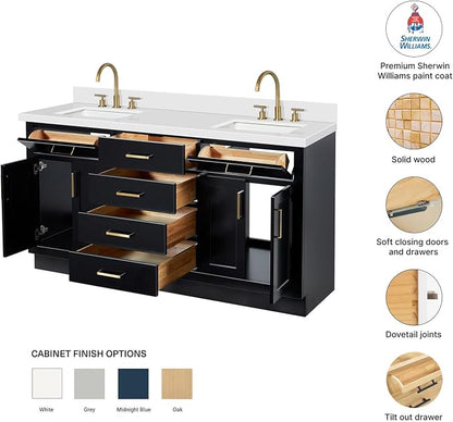 Isabella 66-Inch Black Double Bathroom Vanity with Sink, White Quartz Countertop 1.5" Edge, 2 Rectangular Undermount Sinks, 4 Soft-Closing Doors, 6 Dovetail Drawers, Plinth Base
